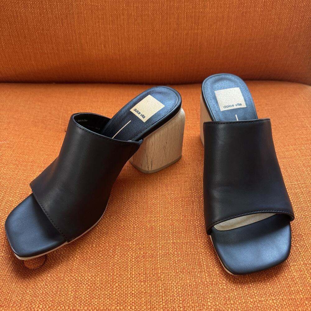 Dolce Vita Black Vegan Leather Open Toe Slide Mules Size 7 Block Heel Sandals